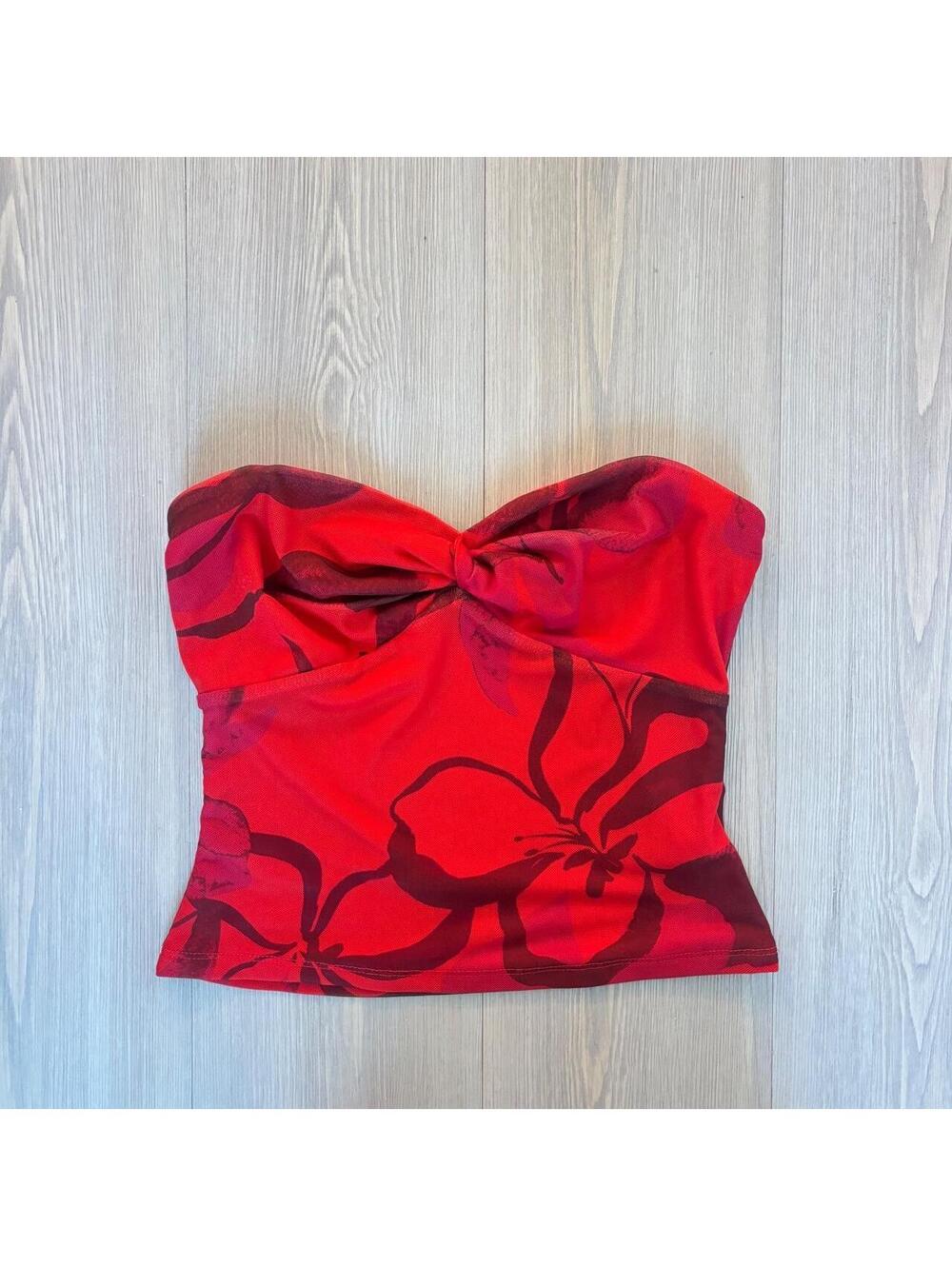 Bar III Red Floral Twist Front Mesh Tube Top XXS Summer Y2K Classy